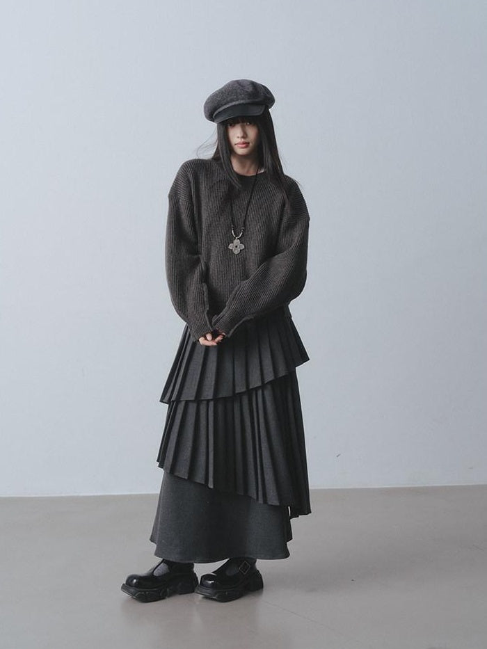 DDGIRL studio Warm Lined Asymmetrical Pleated High Waist Commuter Women Dark Gray Maxi Skirts