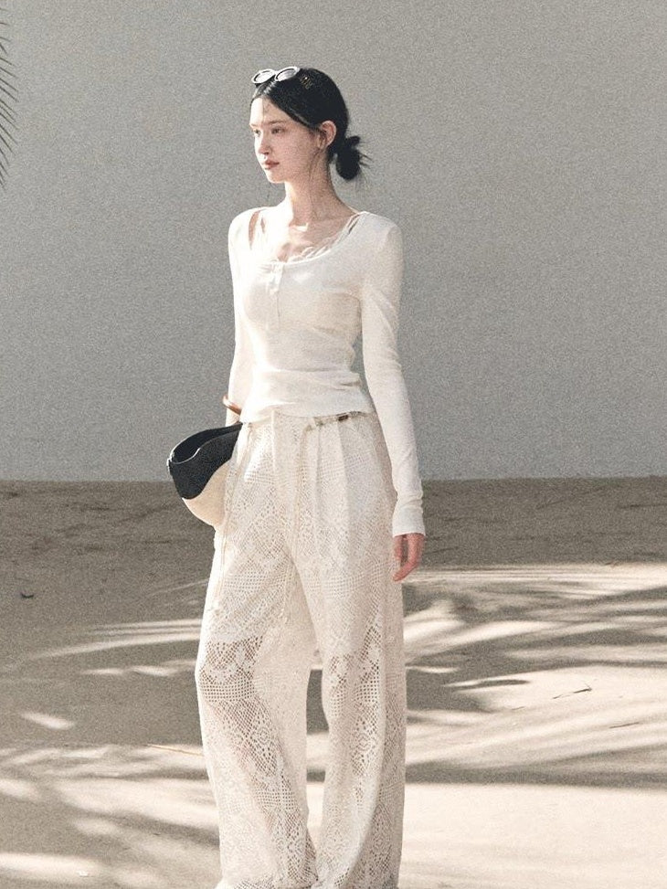7 OAKMOO Mid Rise Cotton Blend Casual Straight Fit Women Mist White Wide Leg Pants