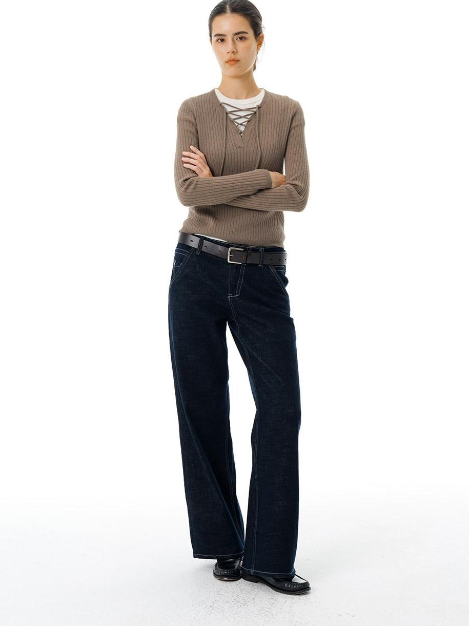 Country Moment Soft Tie V-neck Slim Knit Casual Breathable Daily Wear Women Acrylic Sweaters