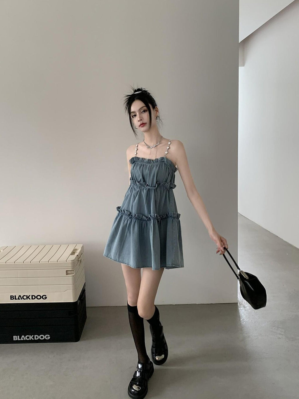 DDGIRL studio High Waist Washed Denim Ruffle Trim A Line Camisole Casual Mini Dresses