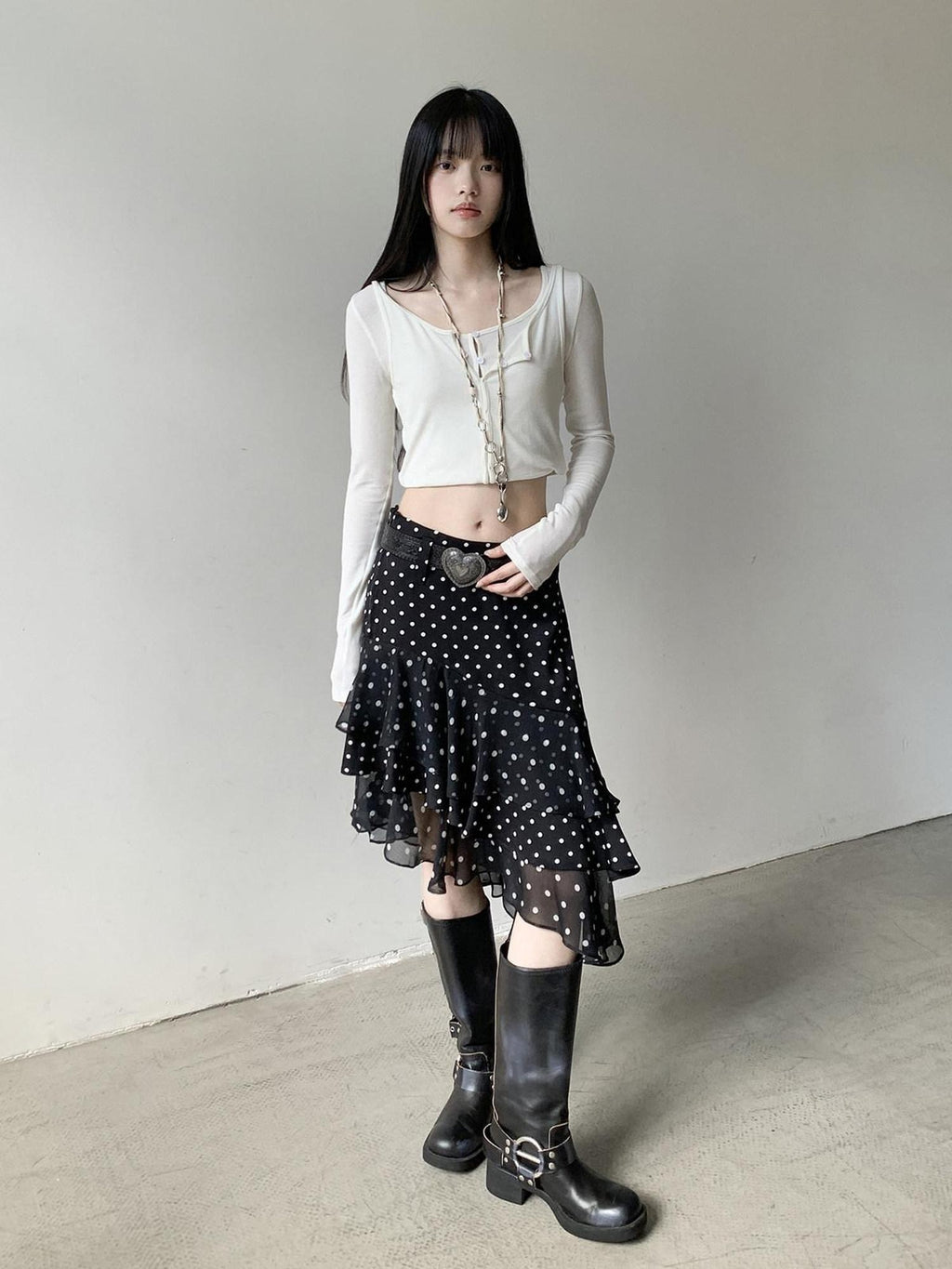 DDGIRL studio Shape Retaining Ruffle Hem High Waist Office Young Women Black Lined Midi Skirts