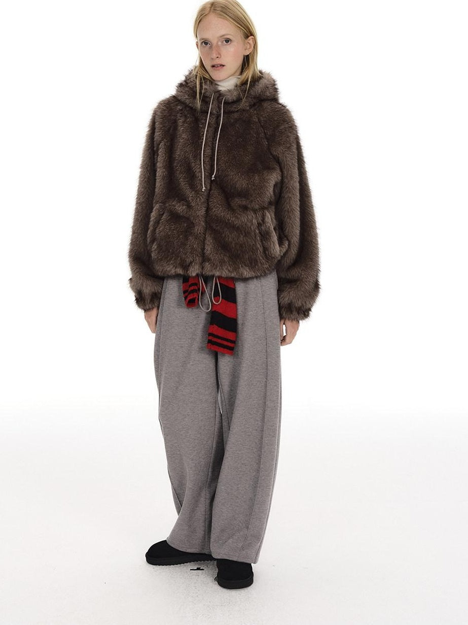Country Moment Warm Wool Lined Pleated Drawstring Loose Fit Gray Straight Sweatpants