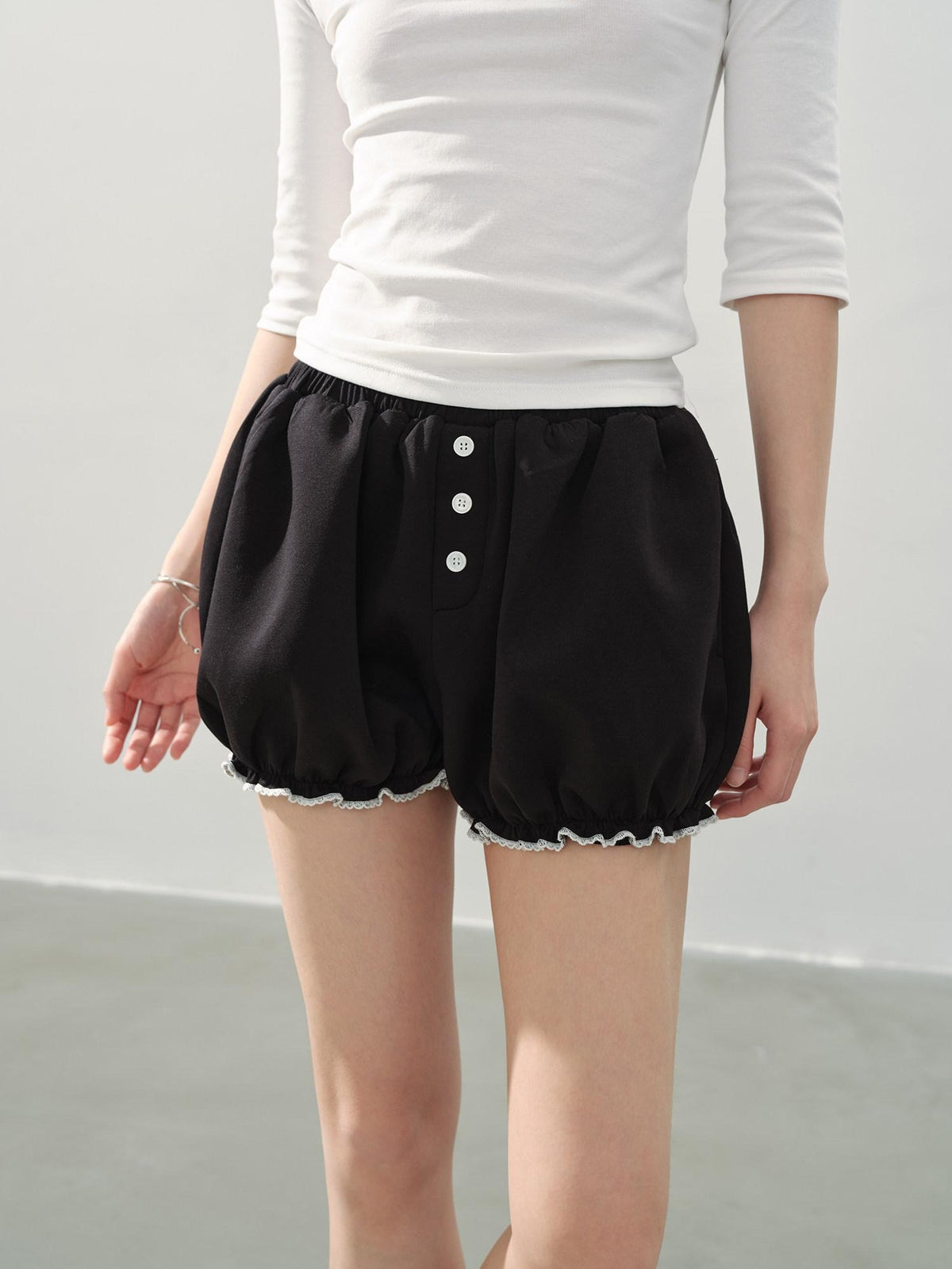DDGIRL studio High Waist Black Casual Lantern Silhouette Teen Stretch Polyester Modal Shorts