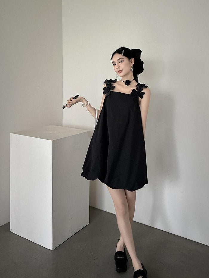 DDGIRL studio Washed Cotton Nylon Blend Strappy A Line Loose Waist Commuter Black Midi Dresses