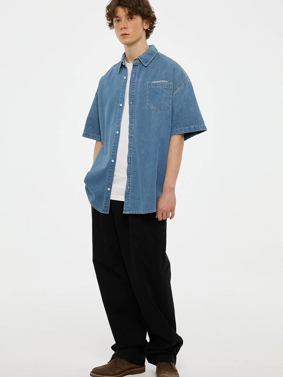 Country Moment 100% Cotton Square Neck Loose Short Sleeve Japanese Vintage Teen Blue Shirts