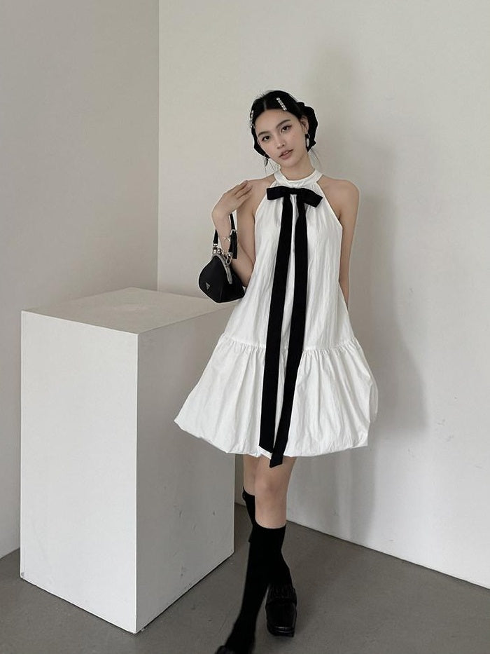 DDGIRL studio Soft Cotton Nylon Bow Sleeveless Aline Office Women Halter Back Zip Midi Dresses