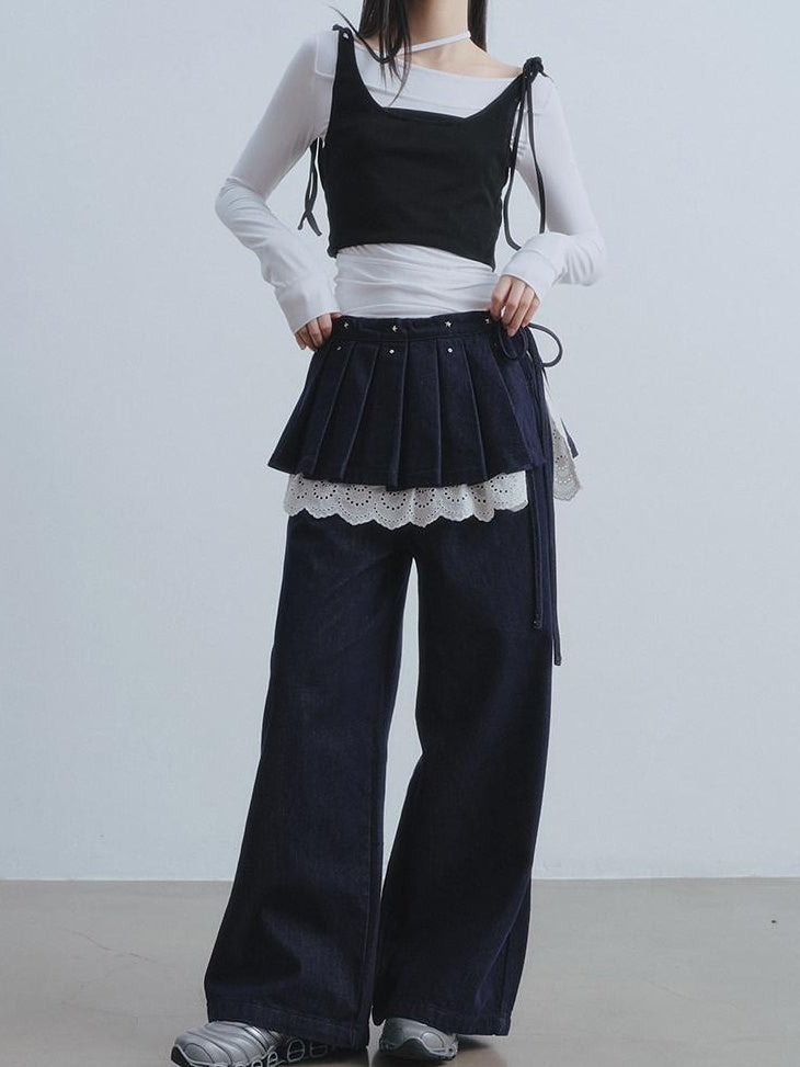 DDGIRL studio Washed High Waist Lace Trim Non Stretch Zip Fly Navy Comfort Wide Leg Jeans