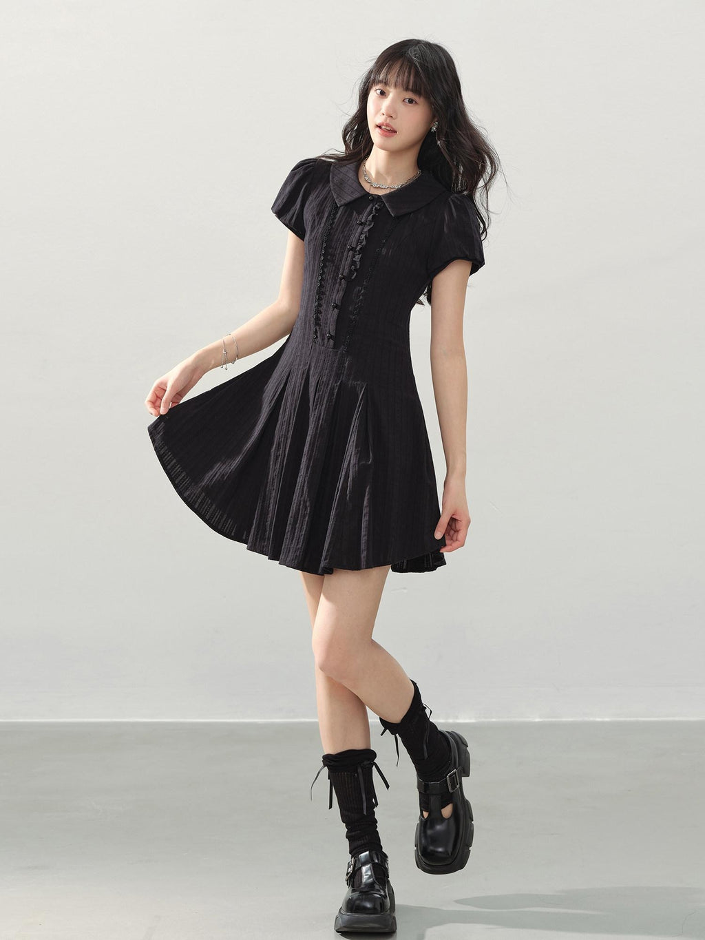 DDGIRL studio Sweet Cotton A Line Puff Sleeve Doll Collar Fitted Waist Midi Dresses