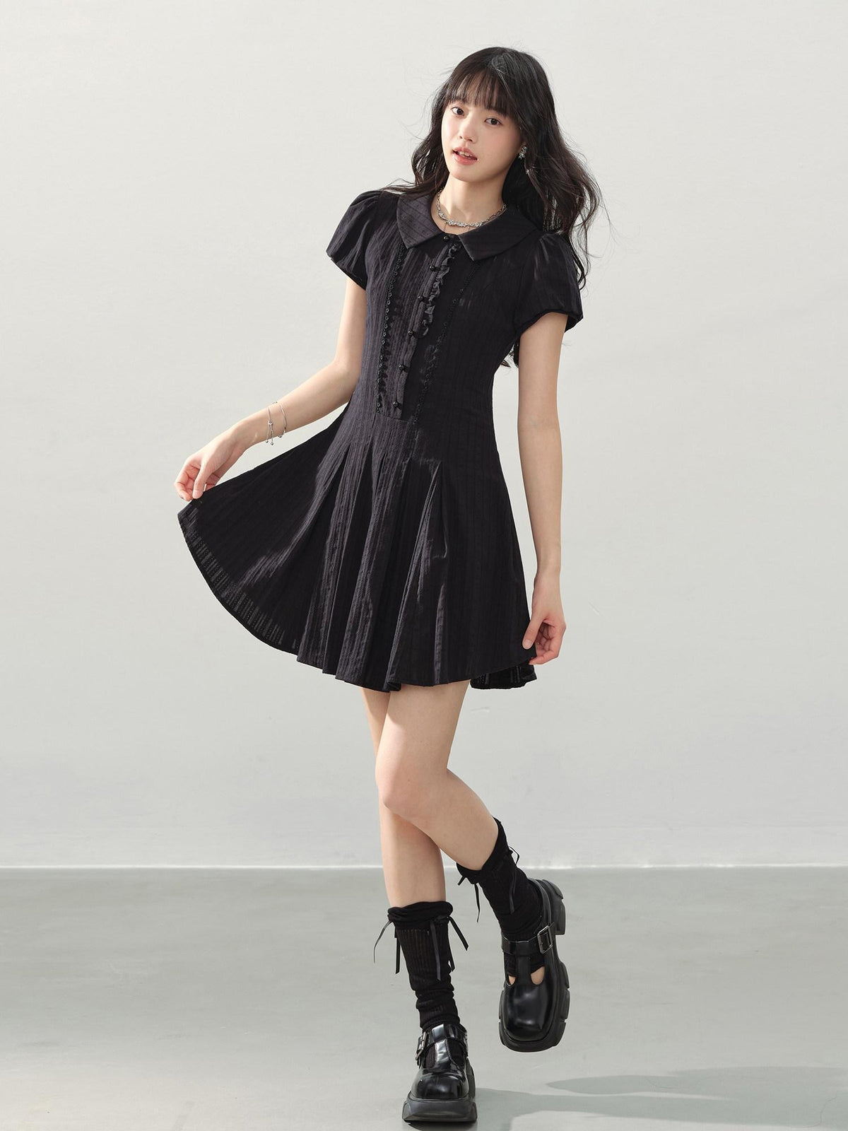 DDGIRL studio Sweet Cotton A Line Puff Sleeve Doll Collar Fitted Waist Midi Dresses