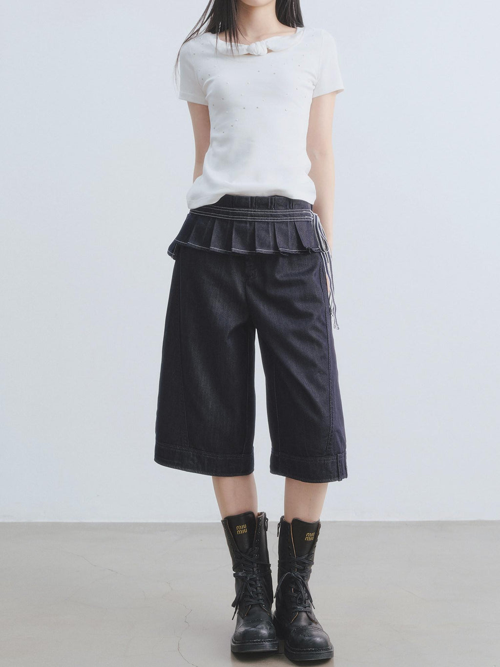 DDGIRL studio Washed High Waisted Pleated Soft Non Stretch Navy Solid Durable Wide Leg Jeans