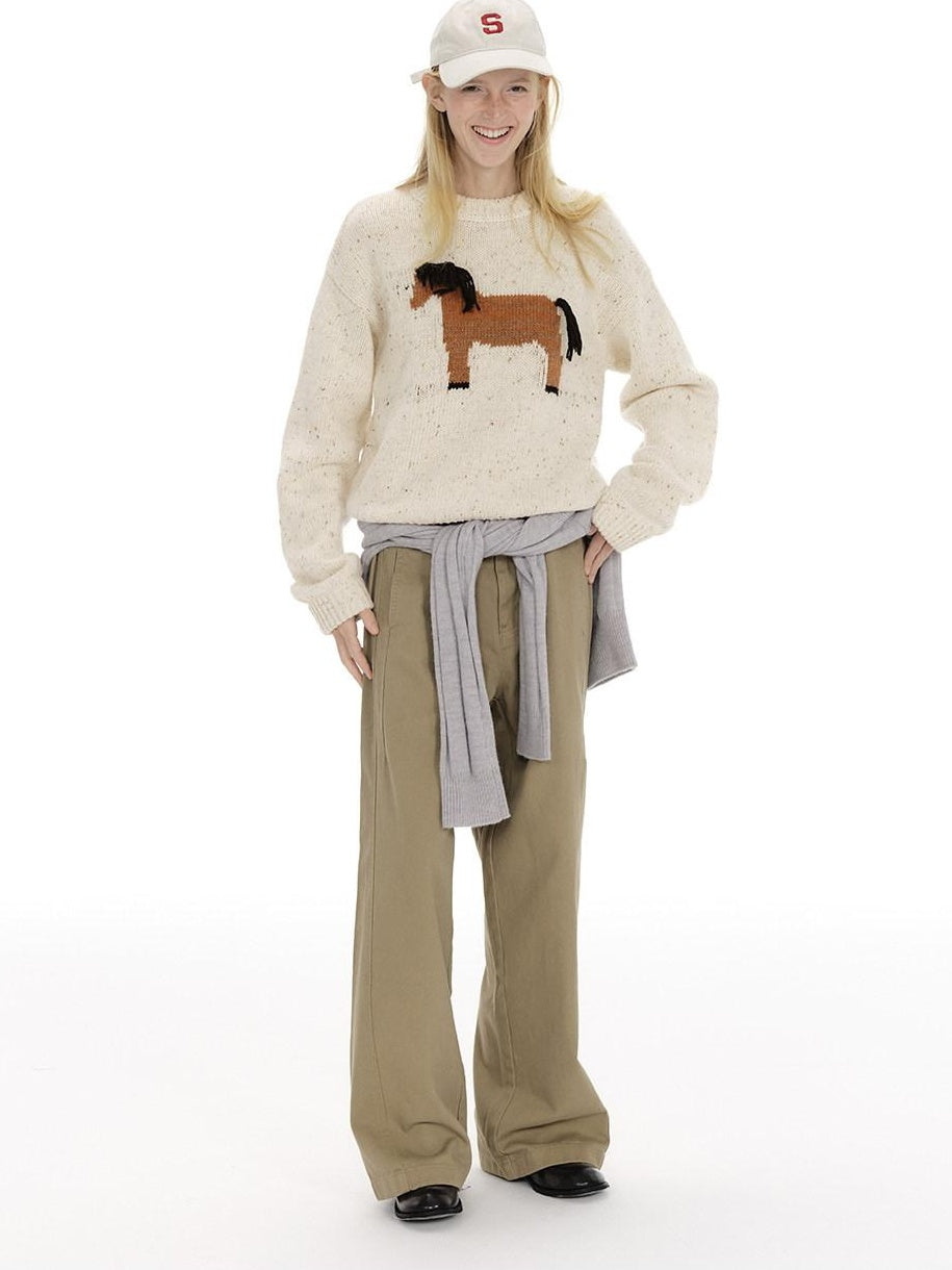 Country Moment Cozy Soft Loose Vintage Pullover Women Wool Blend Horse Pattern Sweaters