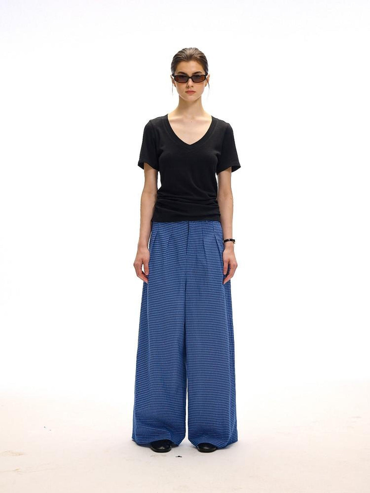 Country Moment 100 Percent Cotton Vintage Natural Waist Pockets Gem Blue Plaid Wide Leg Pants