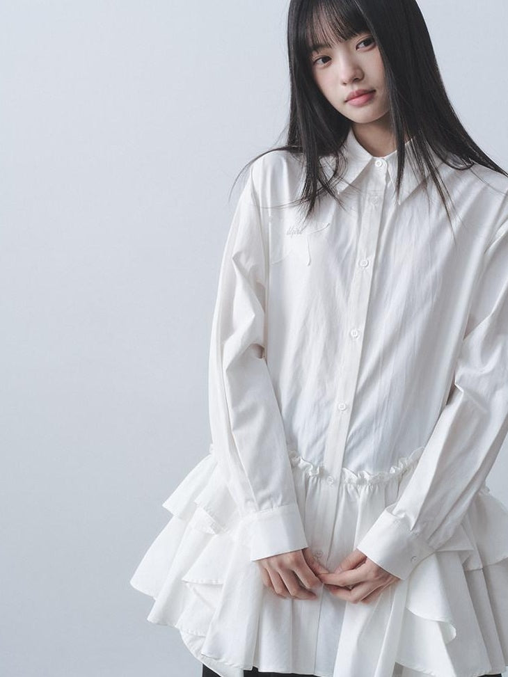DDGIRL studio High Waist Ruffle Commuter Shirt Dress A Line Women White Button Mini Dresses
