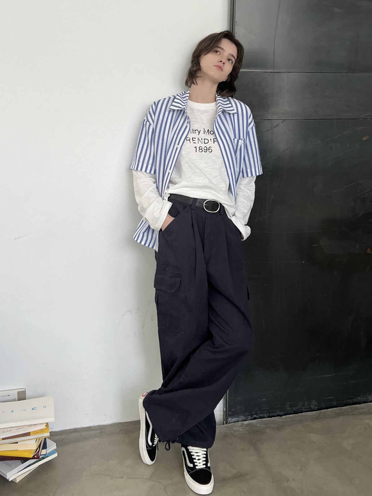 Country Moment Cotton Blend Blue White Striped Square Neck Relaxed Fit Teen Short Sleeve Shirts