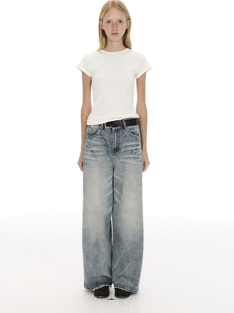 Country Moment Mid Rise Washed Whisker Brushed Cotton Casual Unisex Blue Wide Leg Jeans