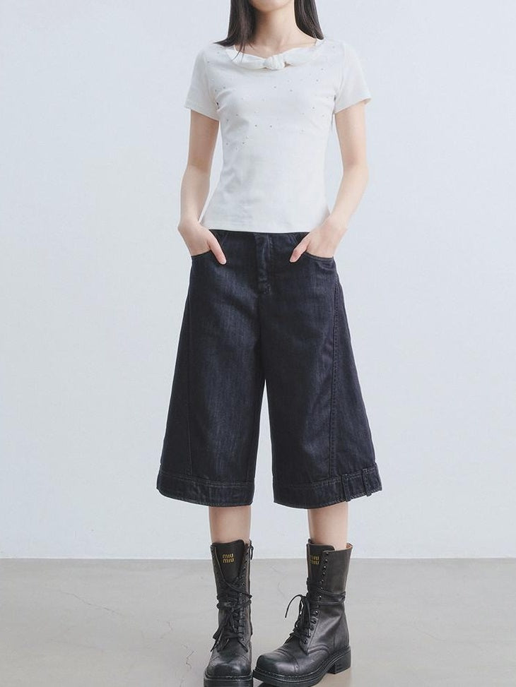 DDGIRL studio Washed High Waisted Pleated Soft Non Stretch Navy Solid Durable Wide Leg Jeans