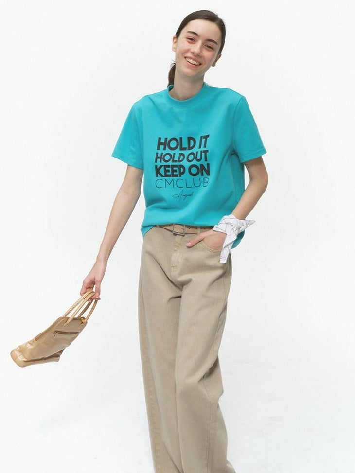 Country Moment Breathable Cotton Regular Fit Round Neck Letter Teal Short Sleeve T-Shirts