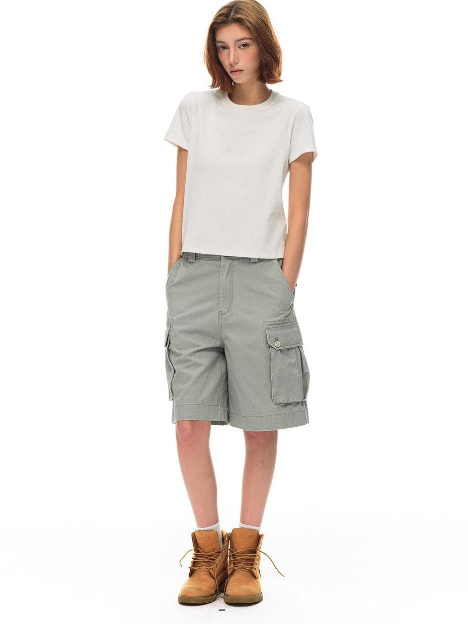Country Moment Vintage Washed Relaxed Mid Rise Pockets Casual Pure Cotton Mid-Length Shorts
