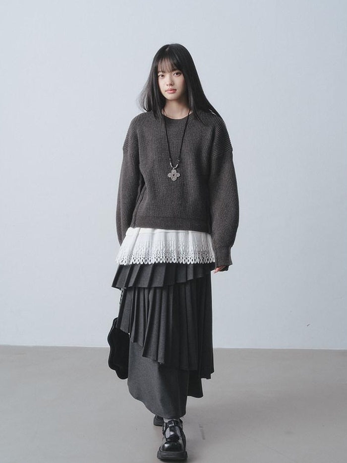 DDGIRL studio Warm Lined Asymmetrical Pleated High Waist Commuter Women Dark Gray Maxi Skirts