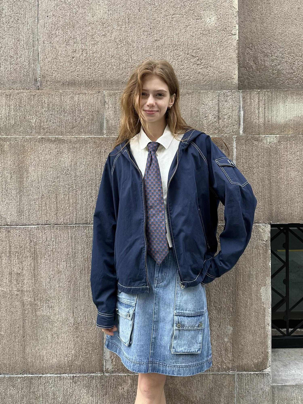 Country Moment Pure Cotton Loose Crop Hoodie Zipper Long Sleeve Navy Teen Casual Blouses