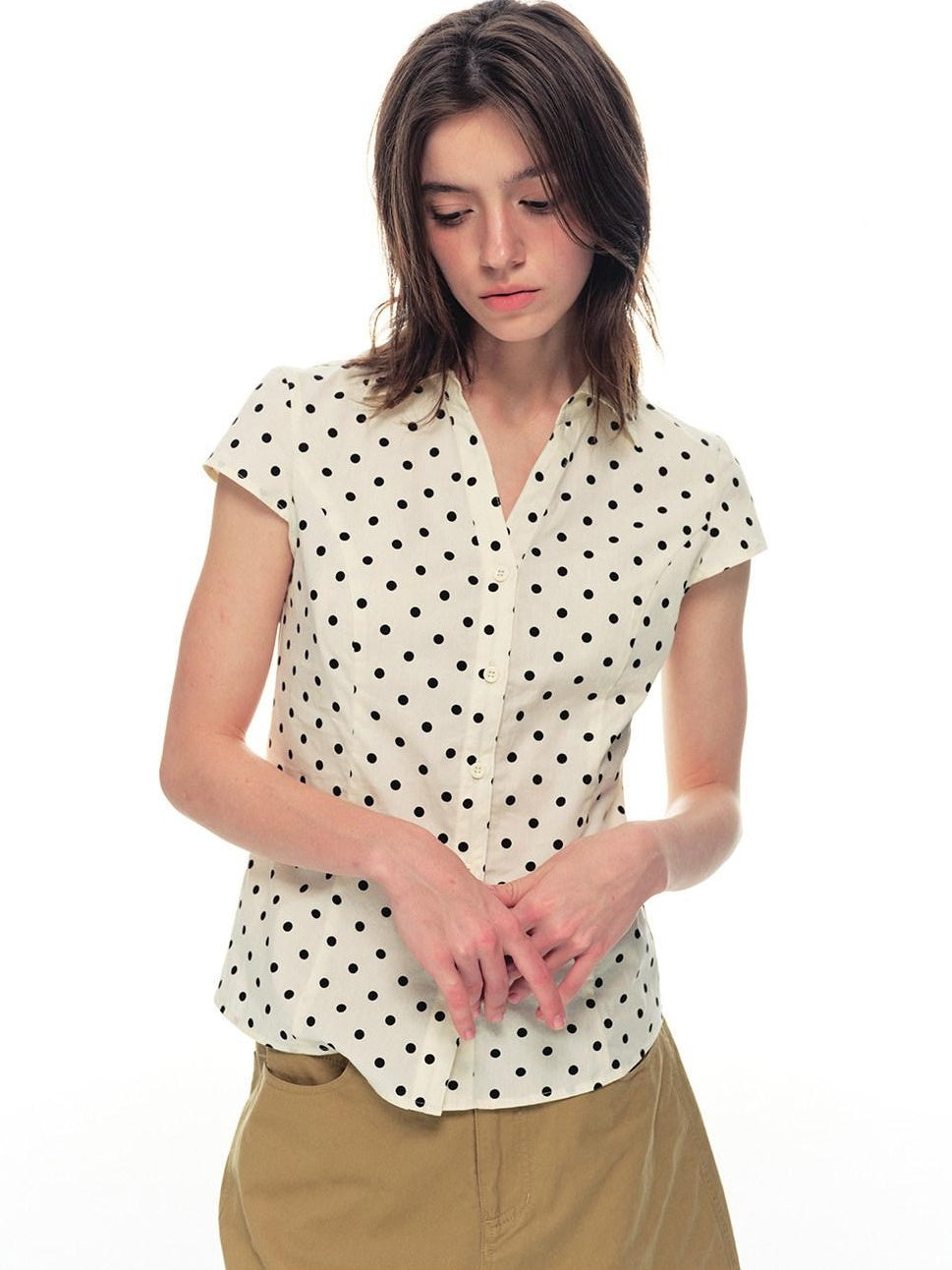 Country Moment Breathable Cotton Slim V-neck Polka Dot Button Cardigan Women Beige Shirts