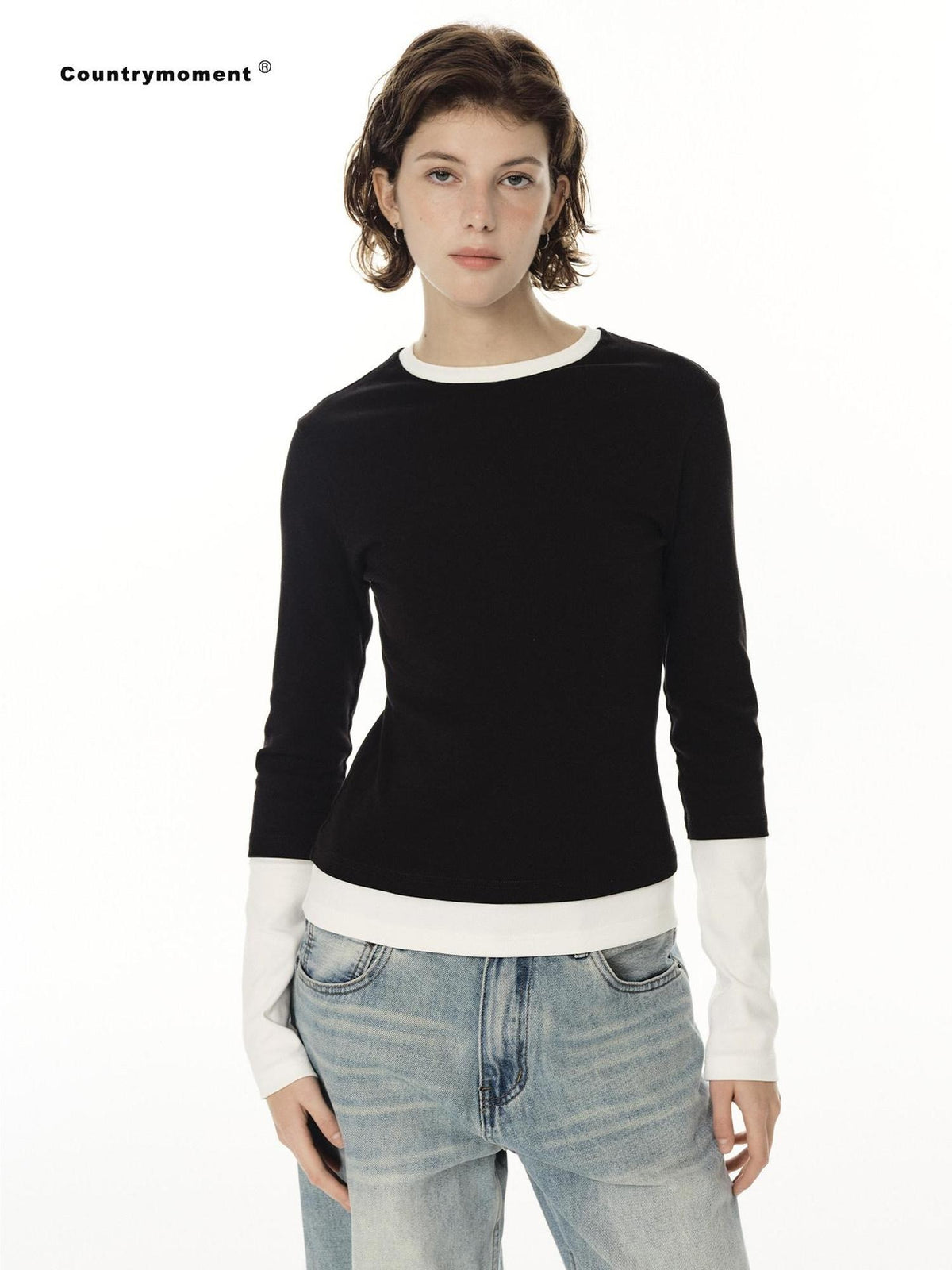 Country Moment Breathable Cotton Colorblock Slim Fit Women Crew Neck Long Sleeve T-Shirts