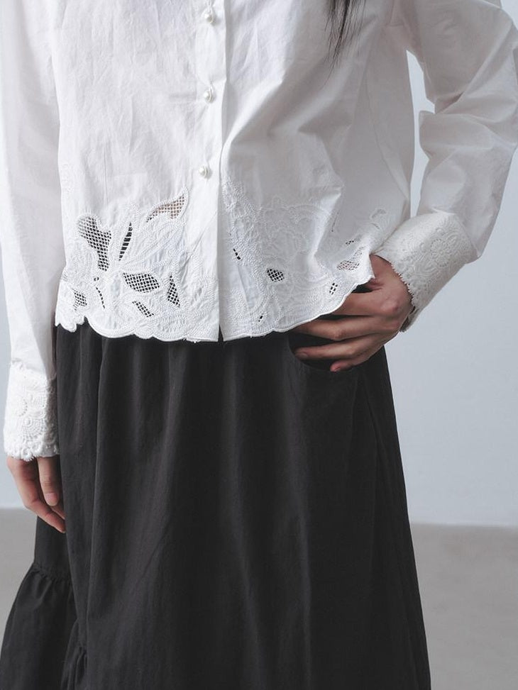 DDGIRL studio Skin Friendly Cotton Lace Embroidered Cropped Cardigan White Long Sleeve Shirts