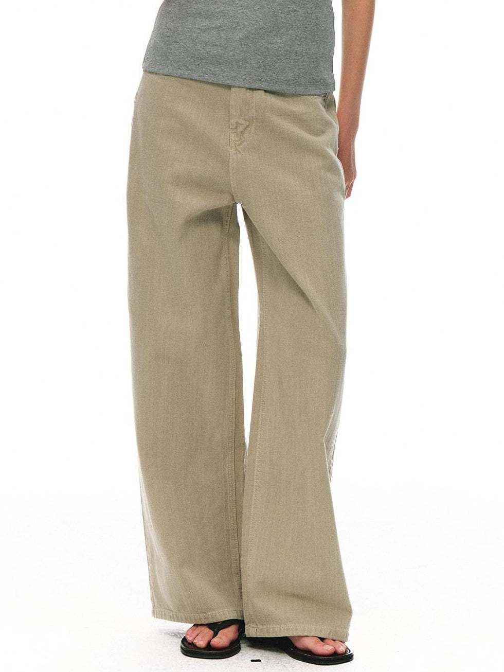 Country Moment Breathable Durable Mid Rise Zipper Fly Loose Khaki Cotton Casual Wide Leg Jeans
