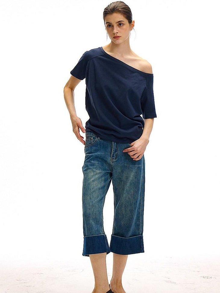 Country Moment High Waist Washed Stretch Straight Leg Denim Blue Mid-Length Shorts