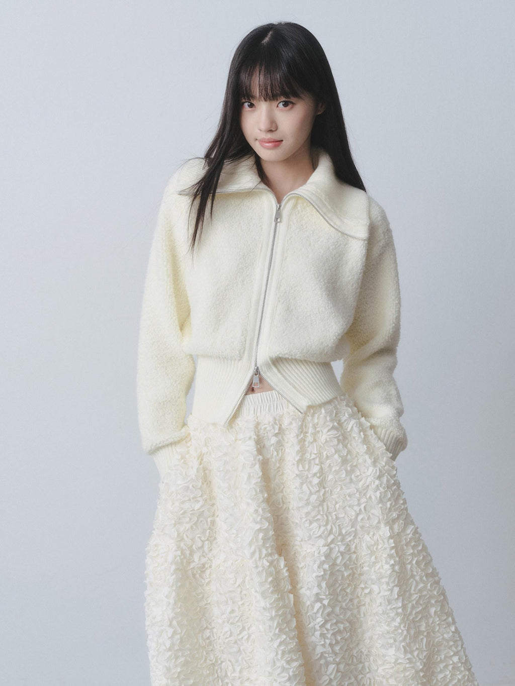 DDGIRL studio Cozy Warm Simple Daydream Waist Cinch Zip Cardigan Acrylic Blend Cream Sweaters