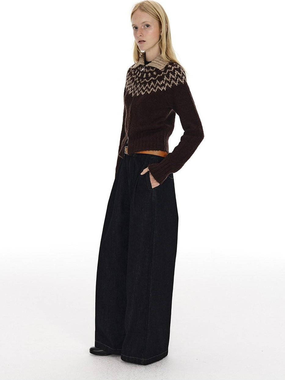 Country Moment Soft Wool Blend Thermal Slim Jacquard Zip Front Unisex Brown Cardigans