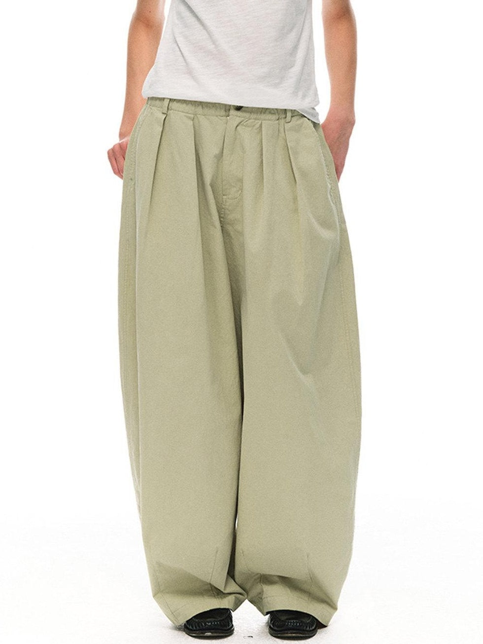 Country Moment Soft Cotton Khaki Pleated Zipper Mid Waist Balloon Casual Wide Leg Pants