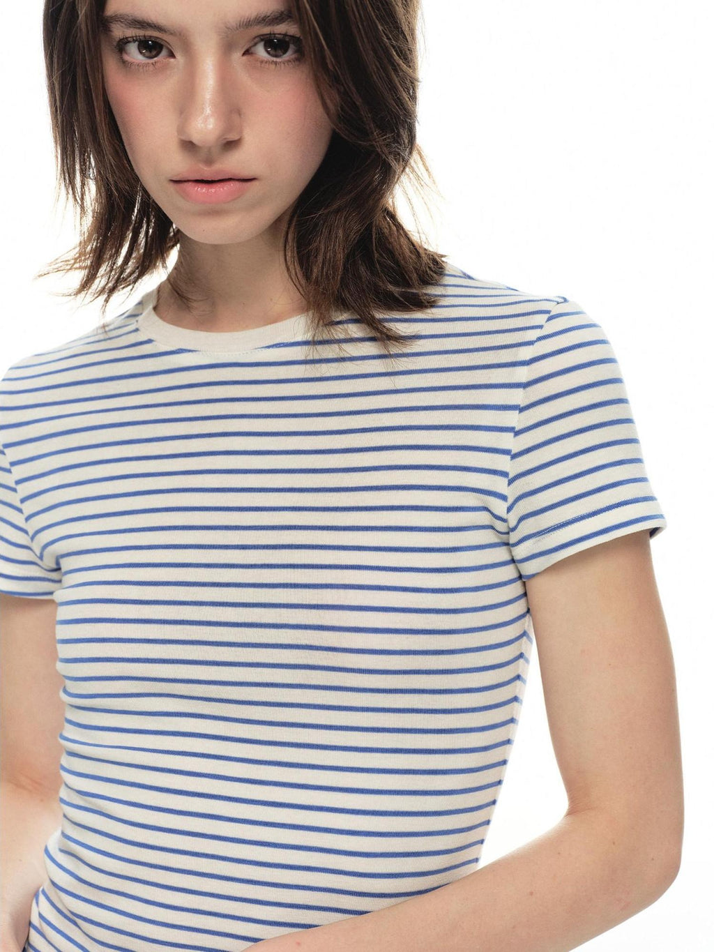 Country Moment Lyocell Wool Blend Striped Slim Fit Women Navy Casual Short Sleeve T-Shirts