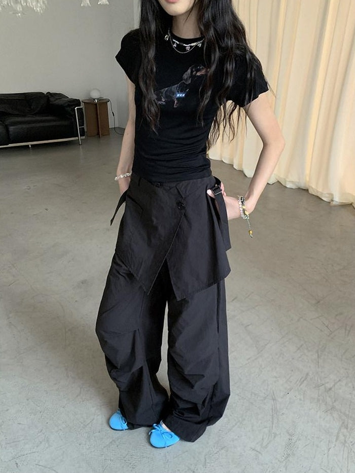 DDGIRL studio High Waist Cotton Cargo Pockets Loose Commuter Women Black Straight Pants