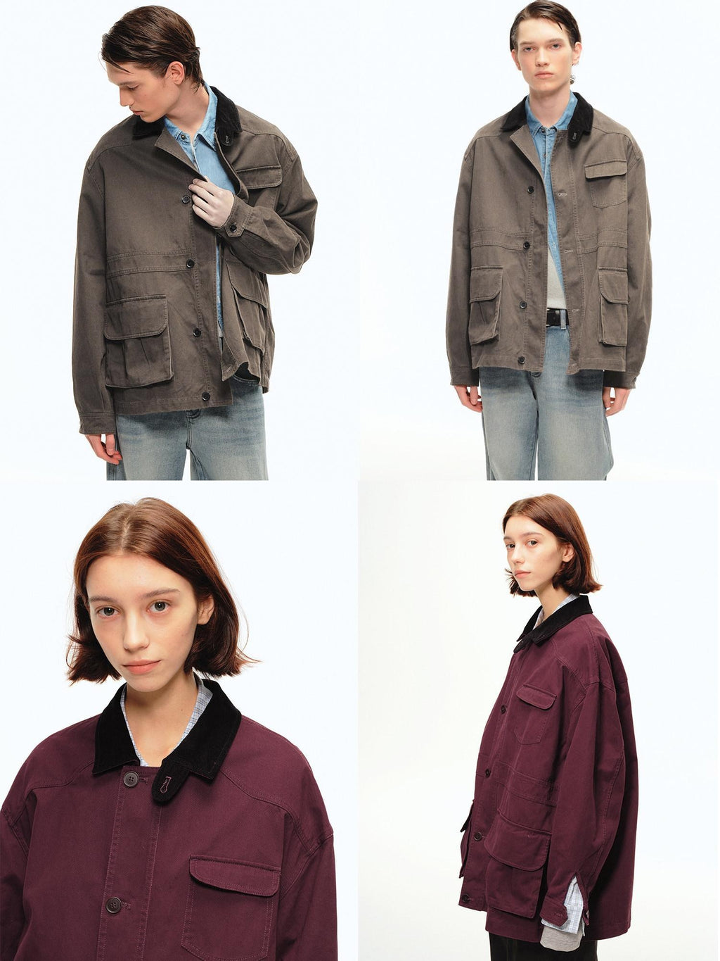 Country Moment Pure Cotton Relaxed Trendy Lapel Unisex Casual Solid Wine Red Short Coat