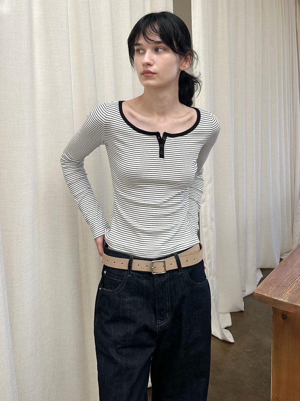 Country Moment Breathable Cotton Slim Fit Retro Striped Henley Women Long Sleeve T-Shirts