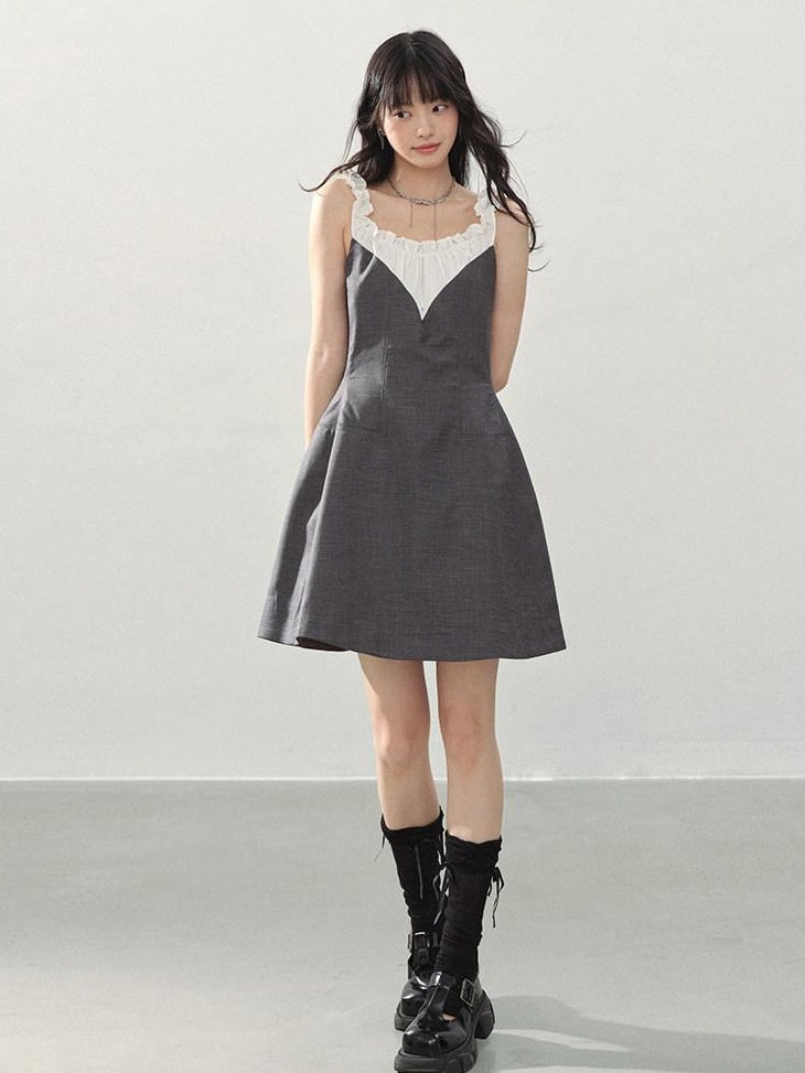 DDGIRL studio Shape Retaining Ruffle Neck High Waist Strappy A Line Office Gray Mini Dresses