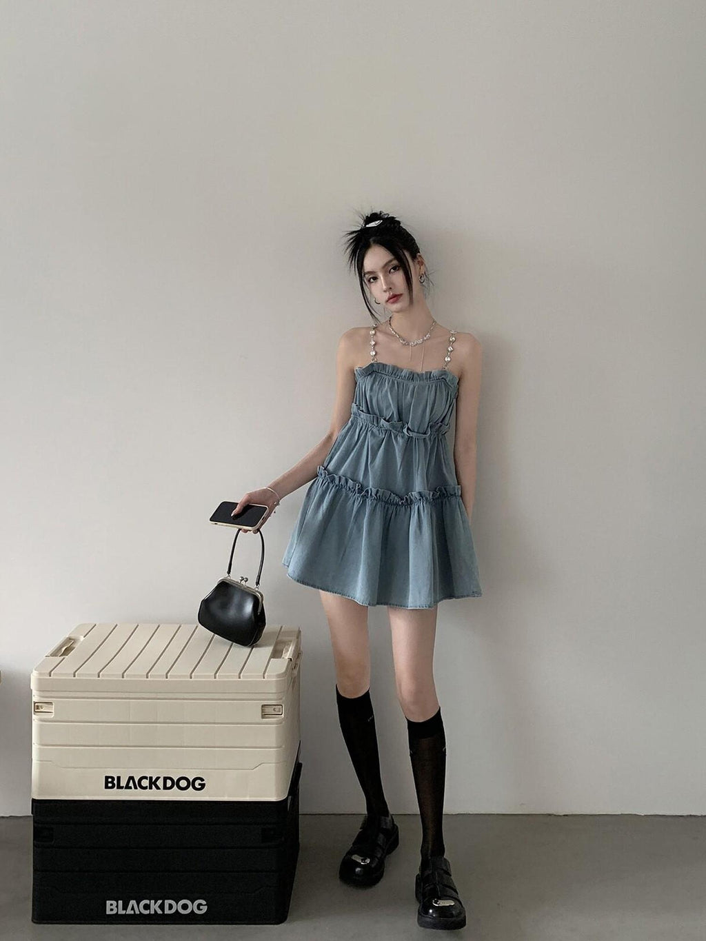 DDGIRL studio High Waist Washed Denim Ruffle Trim A Line Camisole Casual Mini Dresses