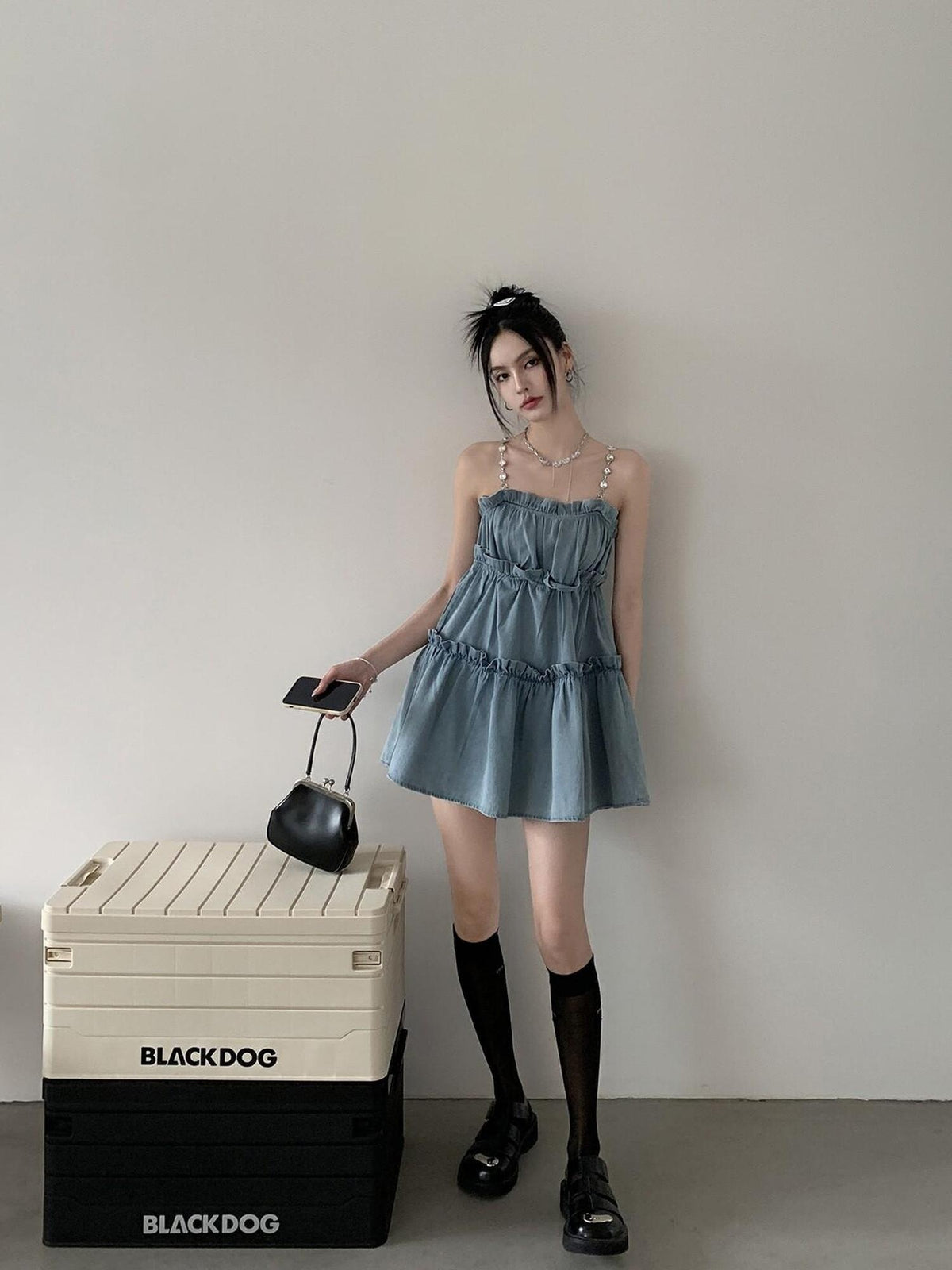 DDGIRL studio High Waist Washed Denim Ruffle Trim A Line Camisole Casual Mini Dresses