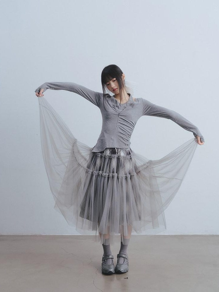 DDGIRL studio Non Deforming High Waist Mesh Patchwork Pleated Lined Women Gray Midi Skirts