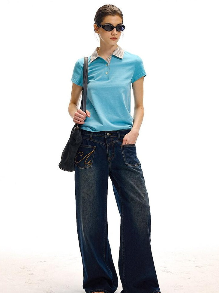 Country Moment High Waist Washed Denim Casual Loose Fit Zipper Fly Wide Leg Jeans