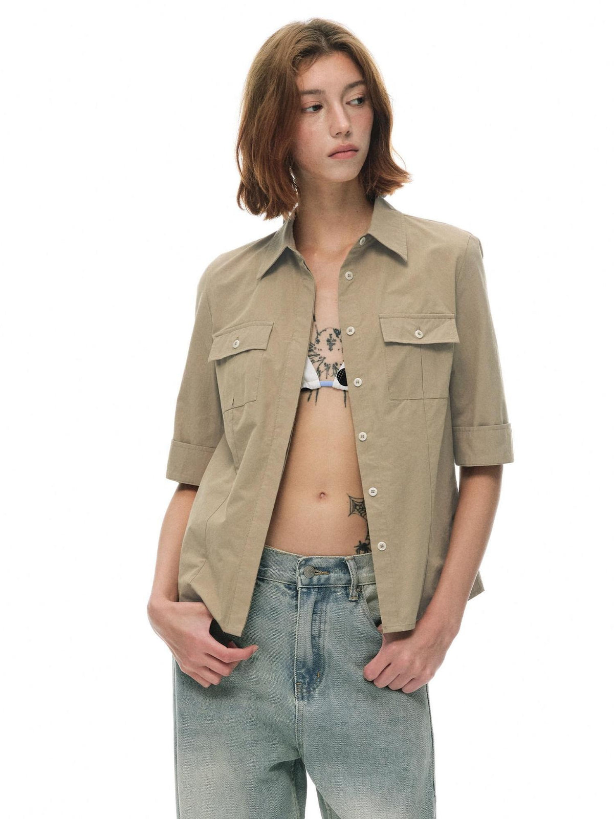 Country Moment Breathable Cotton Slim Fit Collared Half Sleeve Khaki Women Patch Pocket Shirts