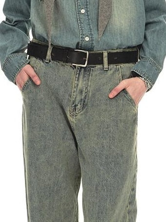Country Moment Distressed Mid Rise Relaxed Unisex Breathable Cotton Grey Blue Wide Leg Jeans