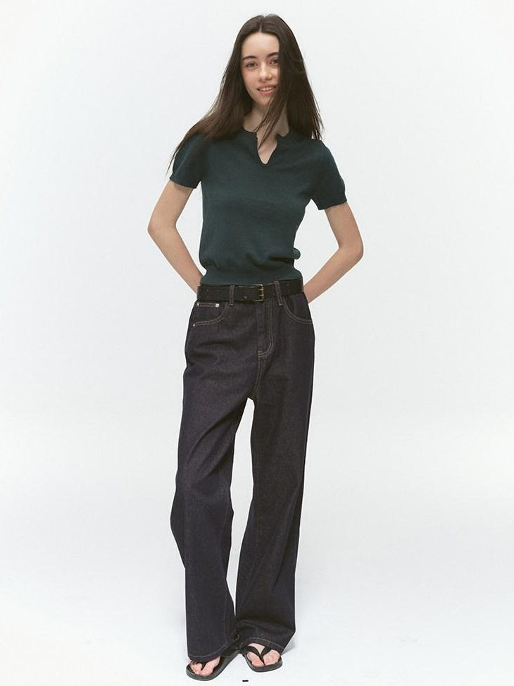 Country Moment Silk Wool Blend Patchwork V-neck Slim Fit Work Olive Brown Short Sleeve T-Shirts