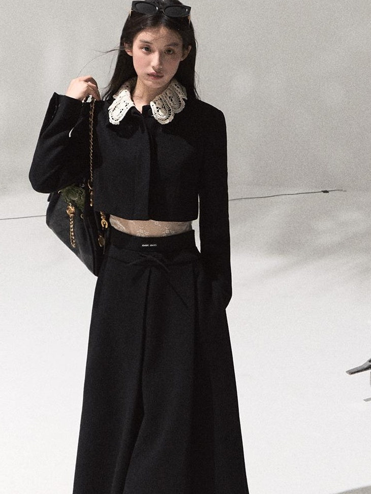 7 OAKMOO Lightweight Long Sleeve Doll Collar High Waist Black Top & Skirt Sets