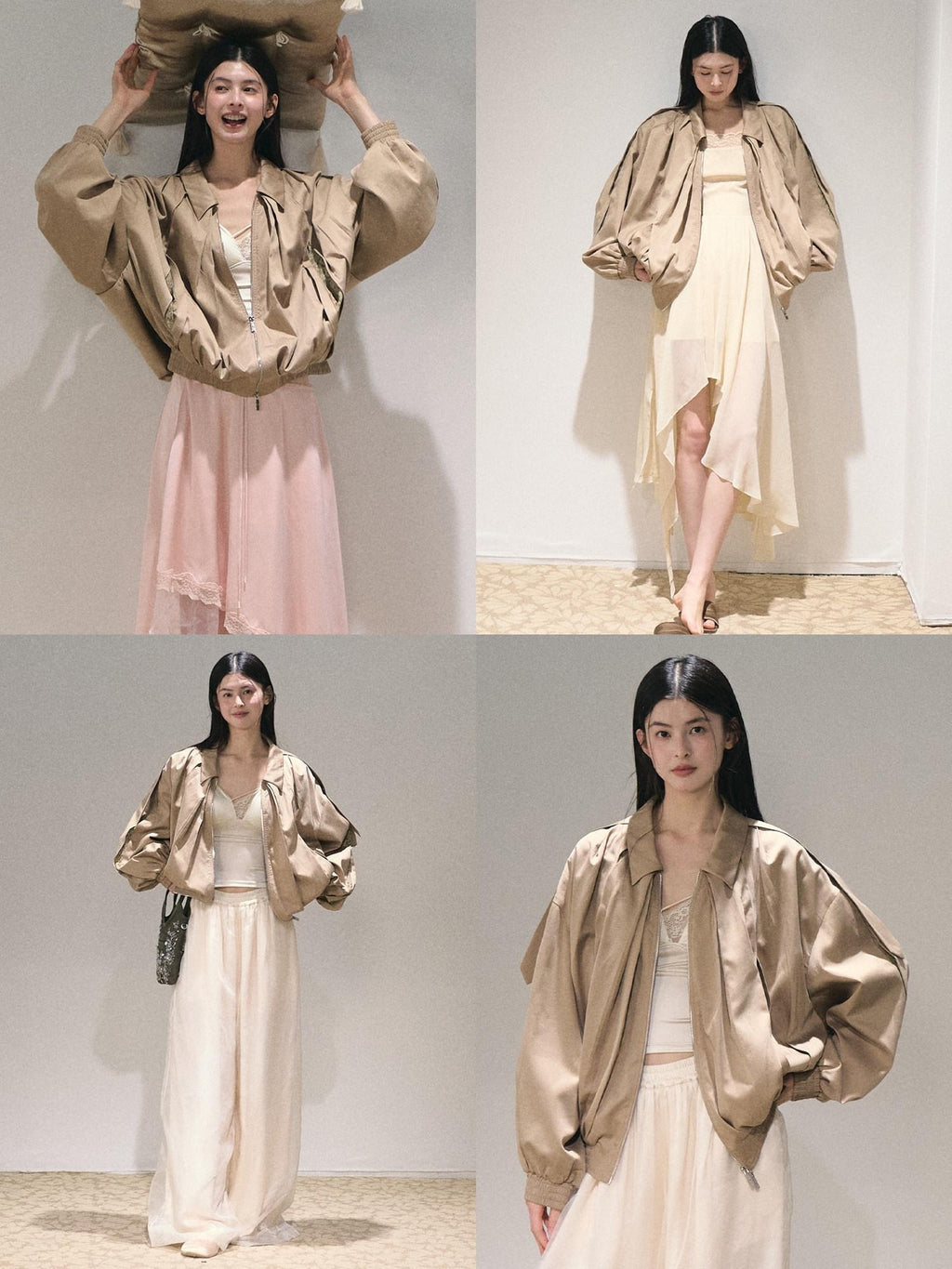 7 OAKMOO Cooling Tencel Loose Fit Casual Stand Collar Zip Women Palm Khaki Short Coat
