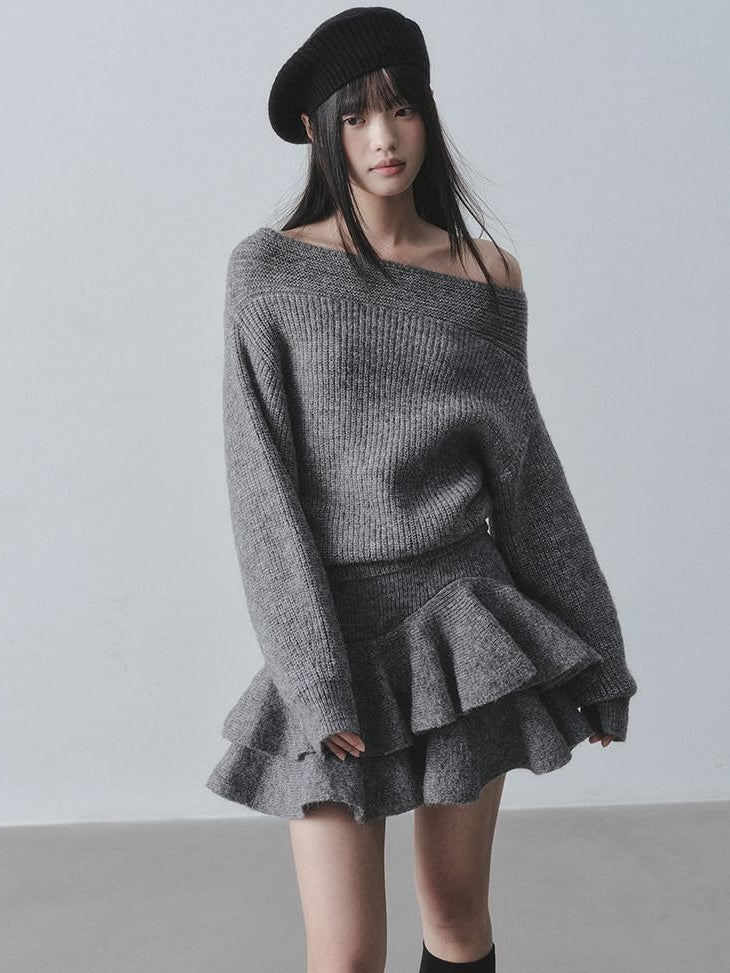 DDGIRL studio Cozy Knit Warm Girly Ruffle Bardot Neckline High Waist Grey Top & Skirt Sets