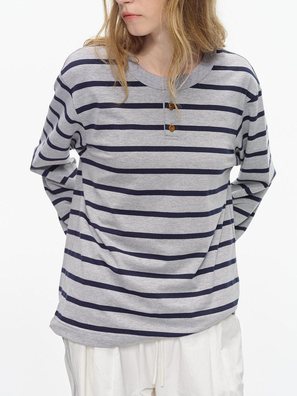 Country Moment Breathable Cotton Loose Fit Henley Striped Unisex Long Sleeve T-Shirts