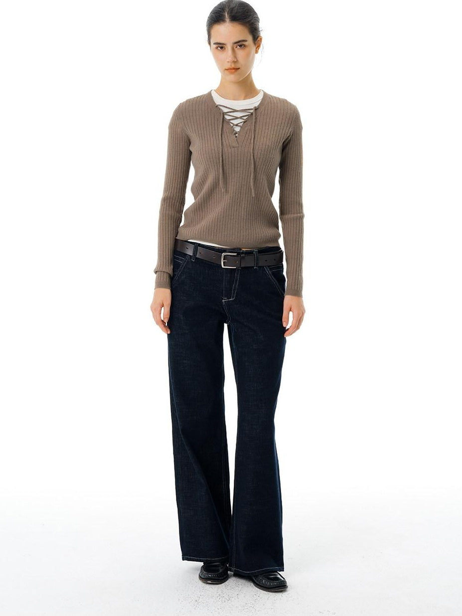 Country Moment Soft Tie V-neck Slim Knit Casual Breathable Daily Wear Women Acrylic Sweaters