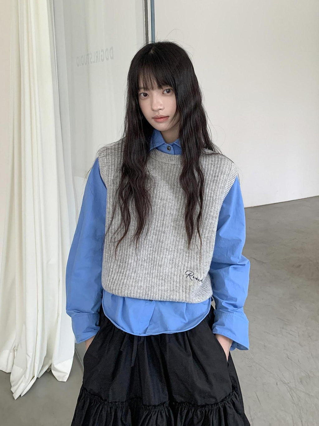 DDGIRL studio Moisture Wicking Pure Cotton Relaxed Polo Collar Button Women Blue Blouses